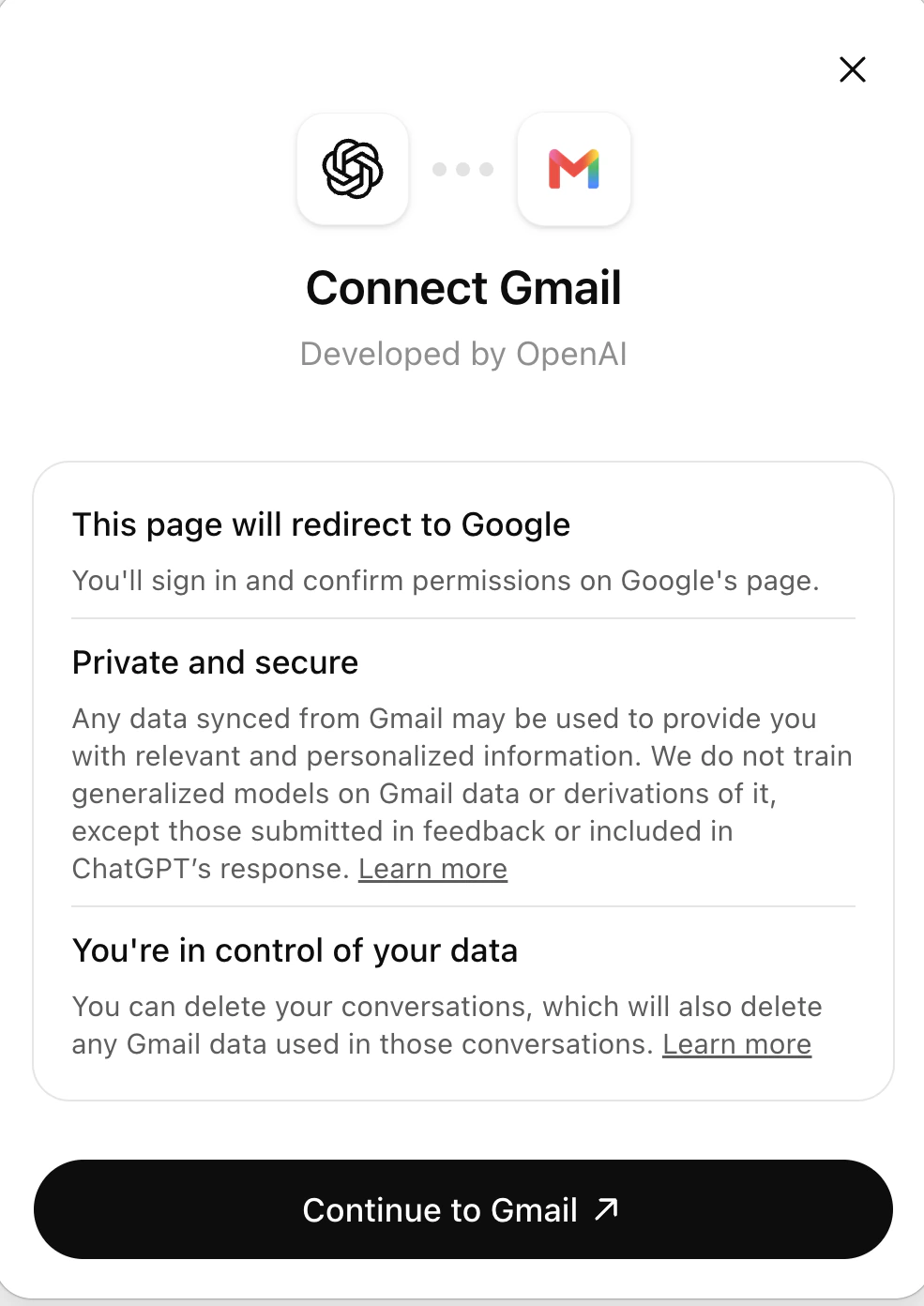 The ChatGPT connect dialog for Gmail, listing data-handling notes before it redirects to Google