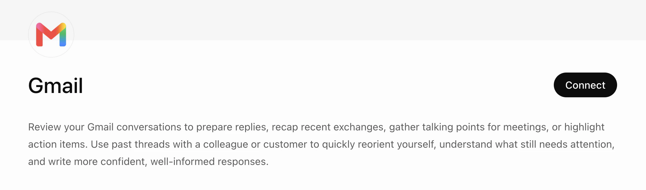 The Gmail connector card in ChatGPT, with a Connect button and a description pitching it as a way to review conversations and prepare replies