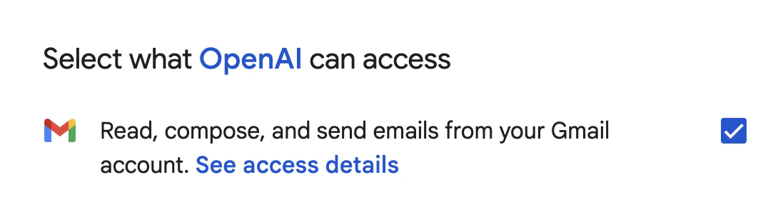 Google's OAuth consent for OpenAI, granting one Gmail scope that covers reading, composing, and sending