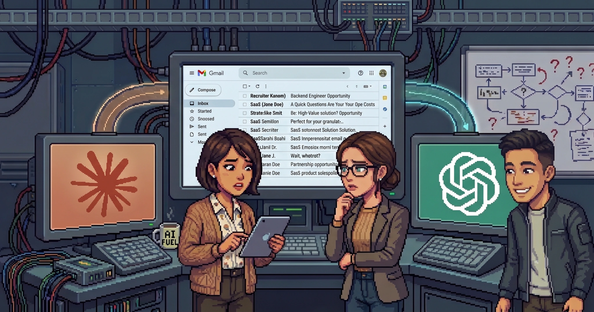 Pixel-art illustration of three coworkers studying a Gmail inbox on a central monitor, flanked by the Anthropic and OpenAI logos glowing on side screens, in a cable-filled control room