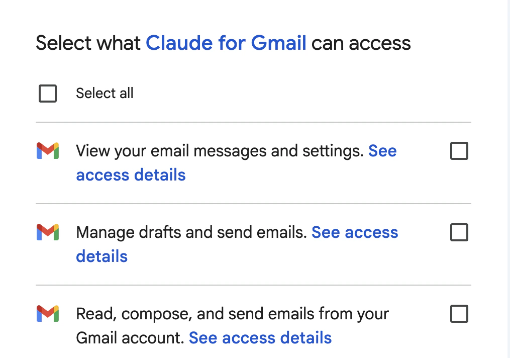 Google's OAuth consent for Claude for Gmail, listing three Gmail scopes: view your email; manage drafts and send; and read, compose, and send