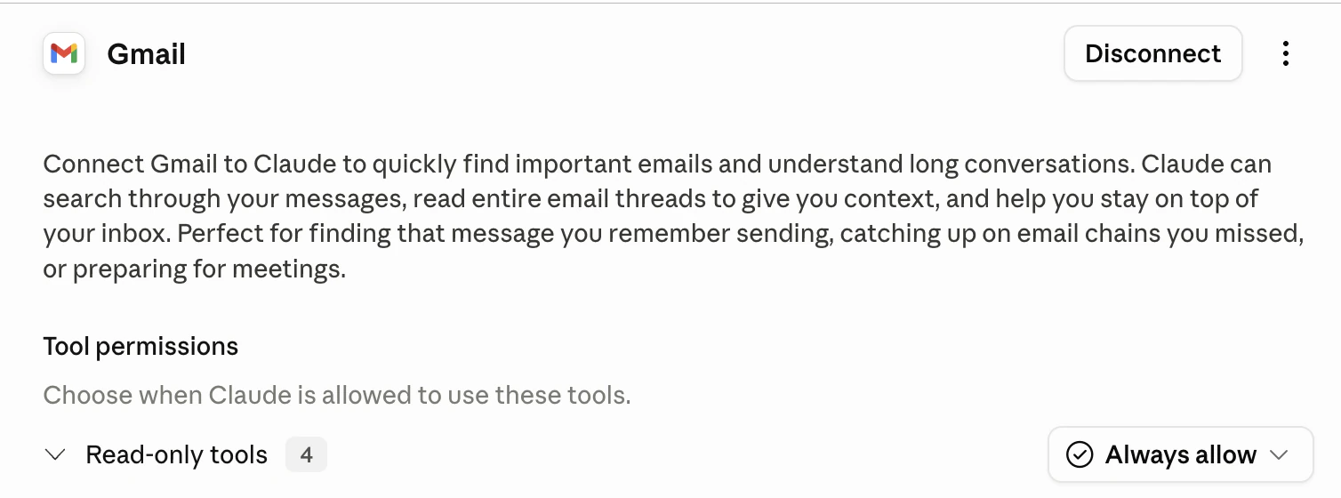 Claude's Gmail connector settings panel, showing a description, a Tool permissions header, and a read-only tools group set to always allow