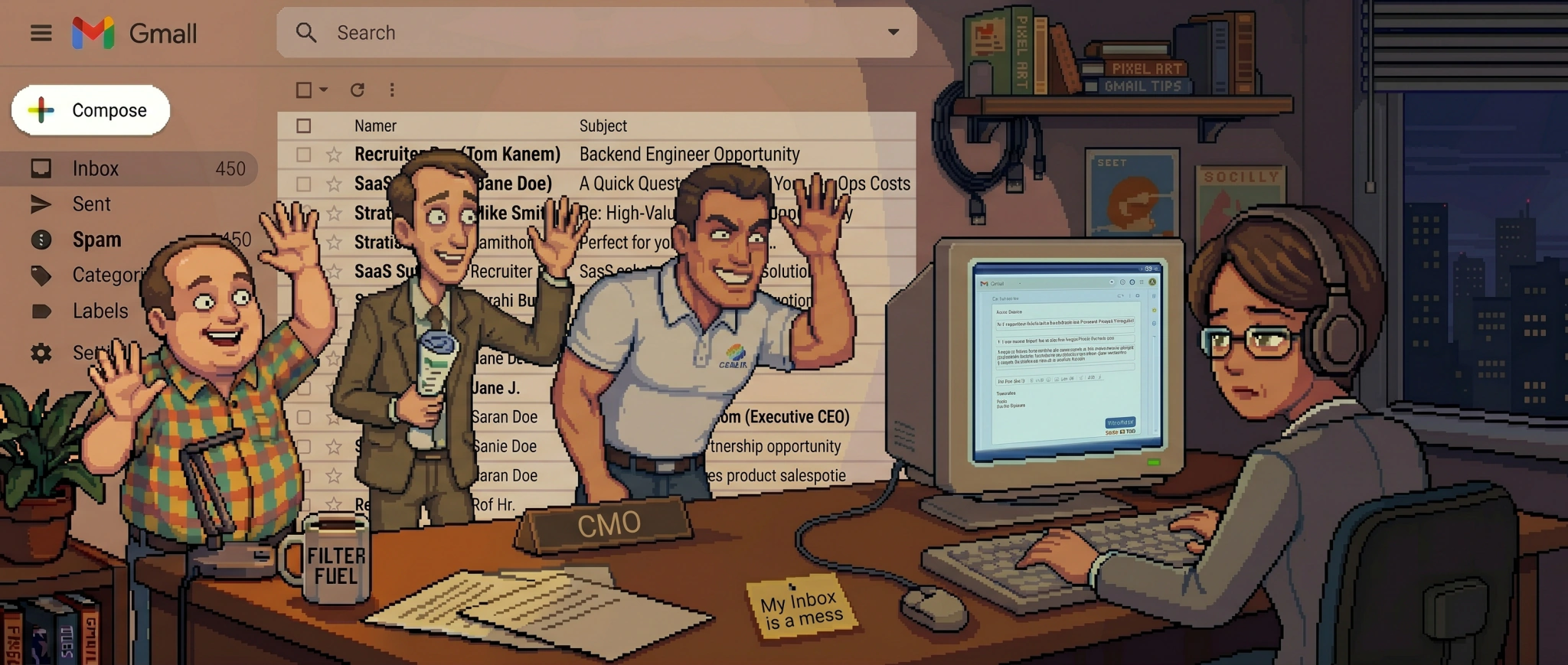 Pixel-art illustration of pushy salespeople crowding a person at their desk while a Gmail inbox overflows with cold recruiter and sales pitches