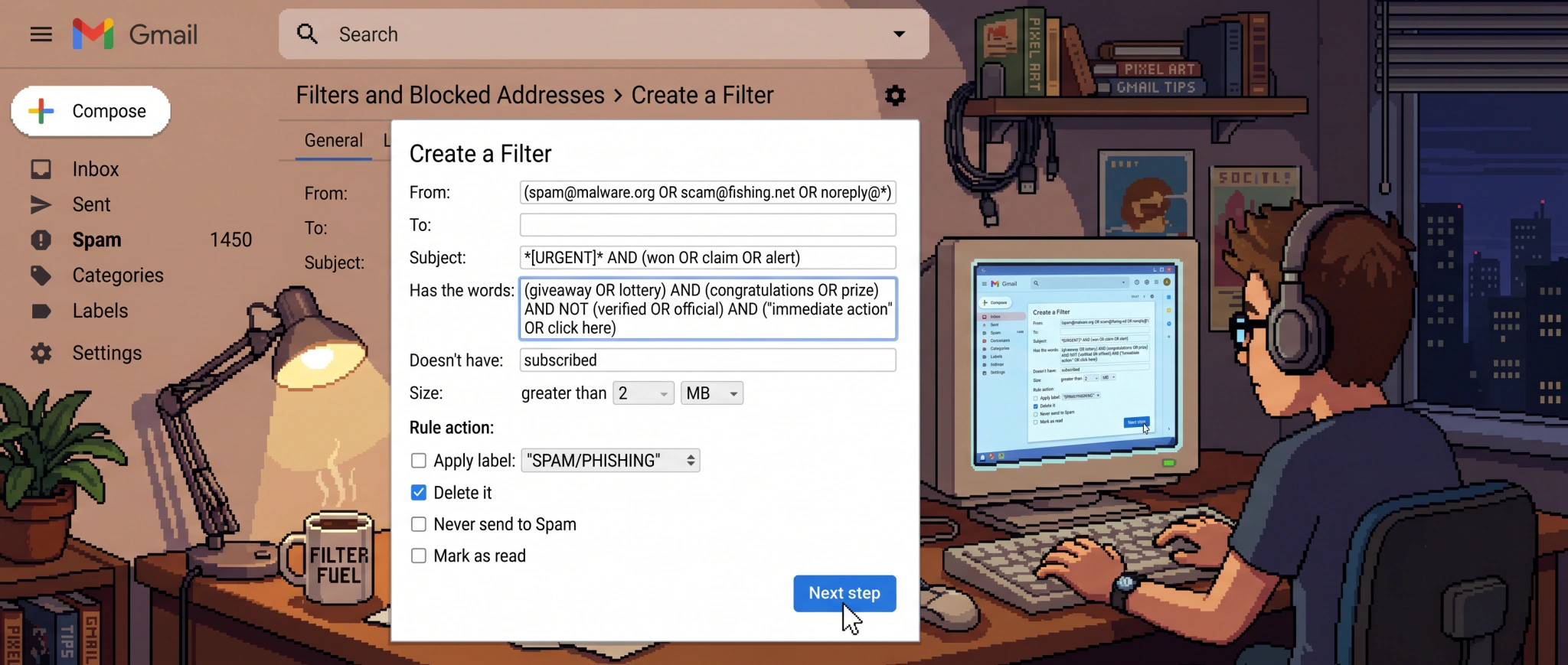 Pixel-art illustration of Gmail's Create a Filter dialog — From, Subject, Has the words, and rule-action fields — over a cozy late-night desk scene