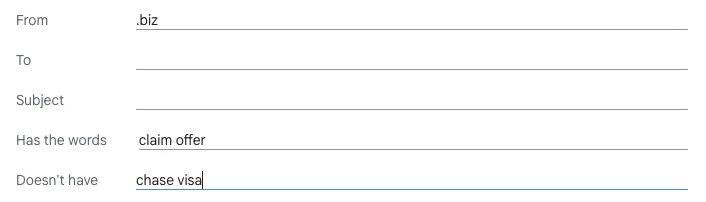 Gmail's filter builder form with From, To, Subject, Has the words, and Doesn't have fields