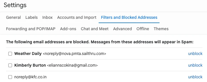 Gmail's blocked-addresses list, each entry a single sender