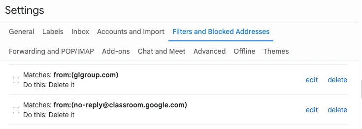 Gmail's Filters and Blocked Addresses settings listing saved filters, one per line