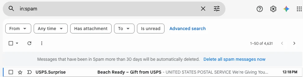Gmail's Spam folder, showing 4,631 messages and a notice that mail older than 30 days is deleted automatically