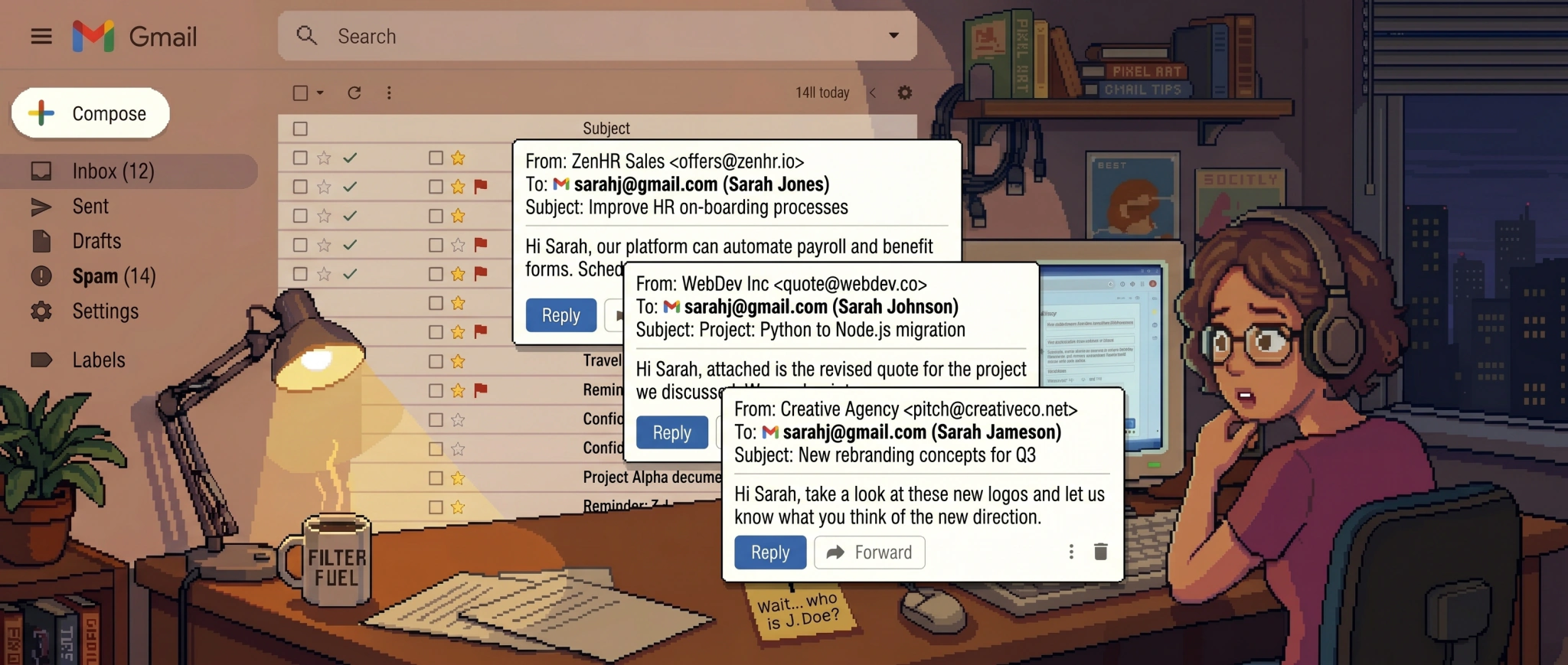 Pixel-art illustration of a person at their desk receiving Gmail messages addressed to several different people who share a similar email address